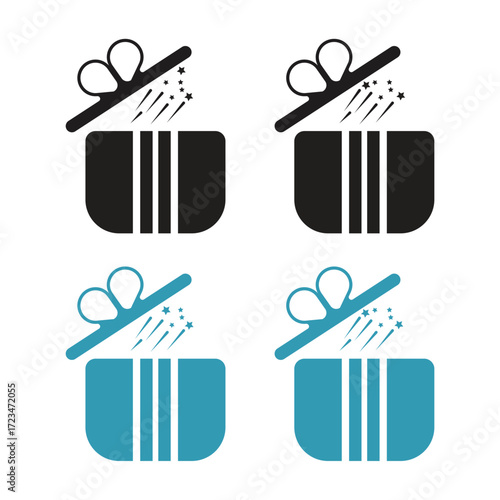 Open Gift Box Icon Vector art of four stylized gift boxes with open lids and ribbons, two black and two blue, on a light blue background, representing surprise and celebration