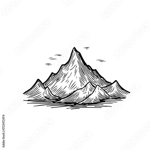A hand drawn mountain range illustration conveys a sense of adventure and majestic wilderness