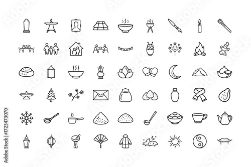 Dongzhi Festival Line Art Icon Collection featuring Tangyuan, Winter Solstice, Family Gathering, Traditional Chinese Lanterns, Ancestor Offerings, Plum Blossoms, Snowflakes and Festive Elements