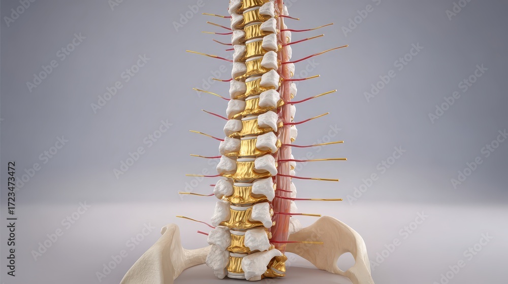 Fototapeta premium Human Spine Anatomic Model with Nerves and Vertebrae Structure