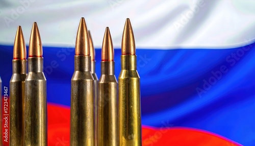 Ammunition Close-Up Against Blurred Russian National Flag