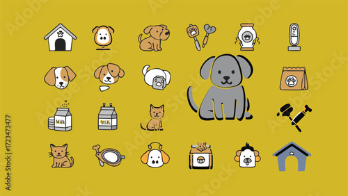 Cute Dog Breed Illustrations with Food, Toys, and Paw Prints