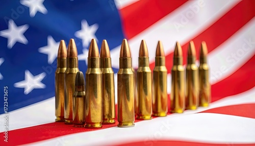 Closeup of Caliber Ammunition on Blurred American Flag Background