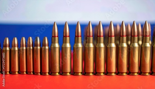 Ammunition Caliber Close-Up with Blurred Russian Flag Background