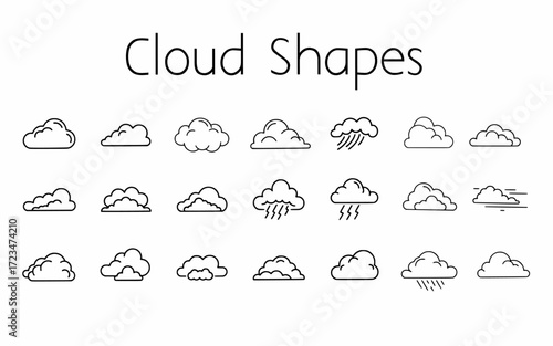 Cloud shapes vector icon set. Weather outline elements collection. Different cloud forms. Vector illustration isolated on white background.