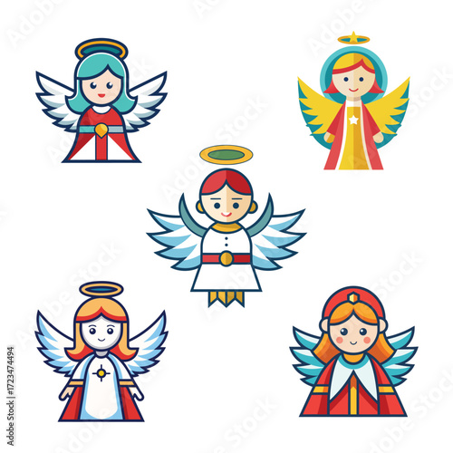 Christmas angel set icon with wings, halo, praying, flying, abstract