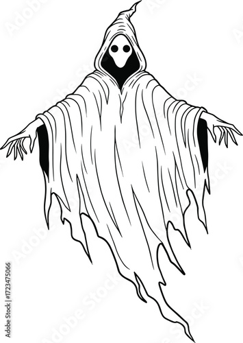 Ghost wraith silhouette, hooded spirit vector, skeletal hand art, glowing eyes graphic, gothic horror theme, supernatural cloak figure, eerie design