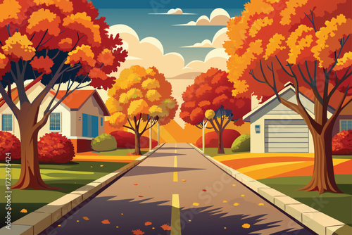 autumn landscape with houses and trees