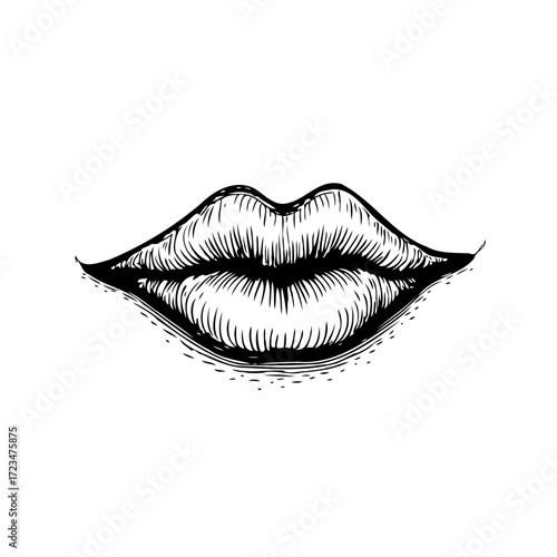 Detailed lip illustration featuring bold expressive lines against white backdrop creating vintage