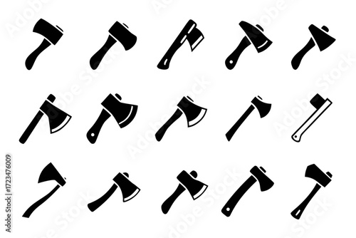 Collection of axe icons featuring various styles, including camping, lumberjack, and medieval designs, perfect for historical or outdoor themes