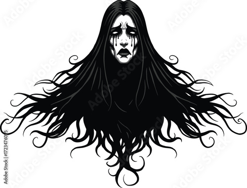 Gothic ghost illustration, black hair tendrils, pale face vector, dark tear art, eerie emotion graphic, supernatural spirit silhouette, haunting theme