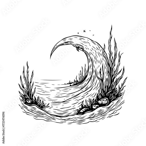 Dramatic ink drawing of a powerful ocean wave with underwater life creates an artistic and