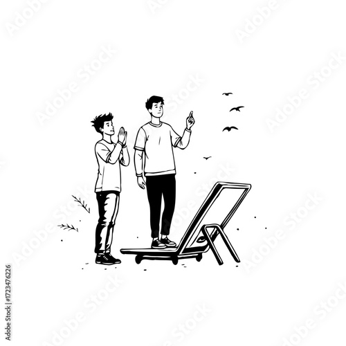 Drawn illustration of two people observing flying birds near a stand with contemplative attitudes