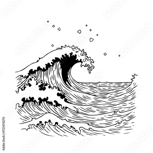 Dynamic ocean wave illustration with fine line detail capturing nature's powerful rhythmic