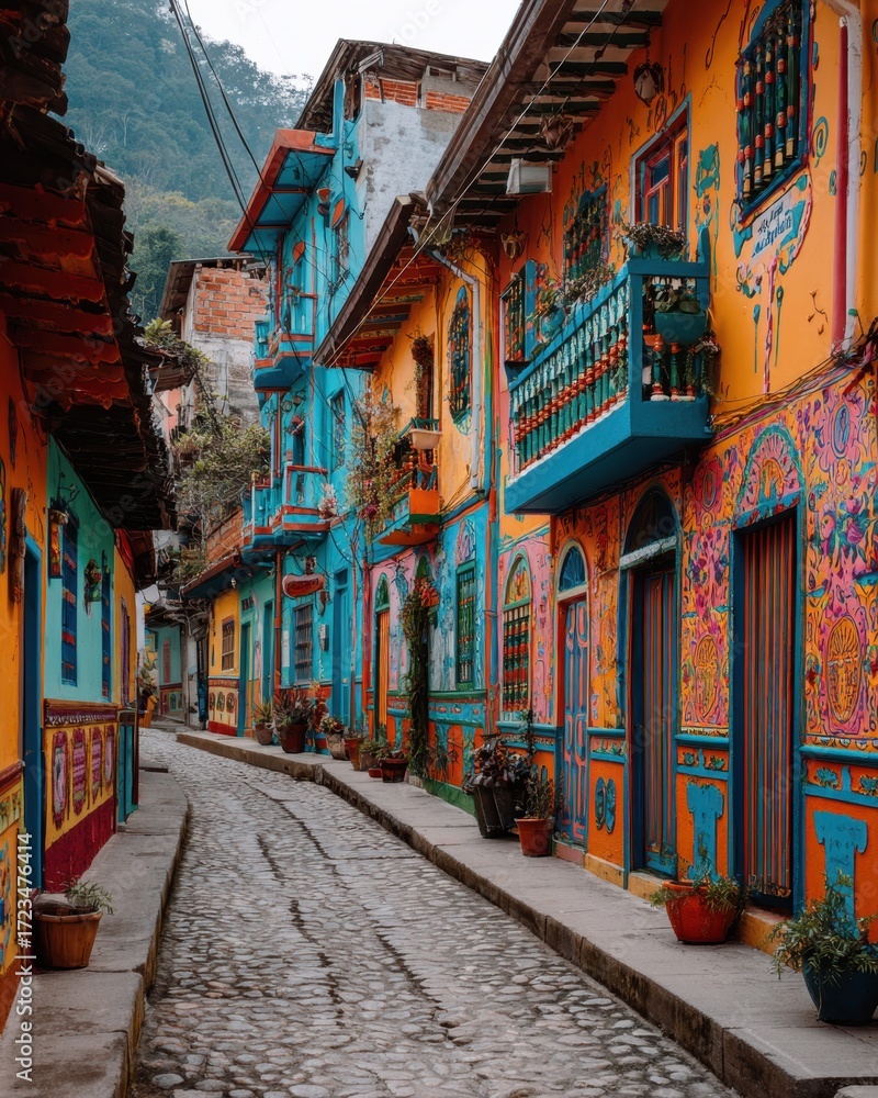 Fototapeta premium Colorful Alleyway: A captivating image of a vibrant streetscape with a narrow cobblestone alleyway flanked by brightly painted buildings.