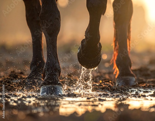 Close-up of horse legs walking through a puddle at sunrise
