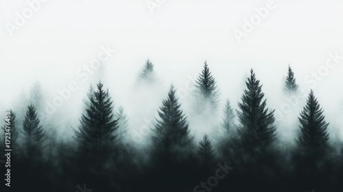 Silhouette of a Pine Trees with Foggy Air. Generative AI