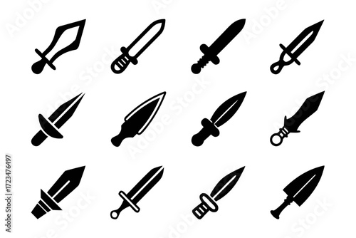 Collection of various sword icons, showcasing different blade shapes, hilt designs, and guard styles, suitable for game development and fantasy art