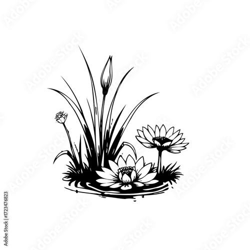 Elegant botanical illustration of water lilies and aquatic plants in a minimalist design and