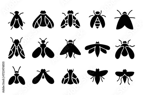 Collection of various insect silhouettes, featuring diverse wing patterns and body structures, suitable for scientific or creative projects