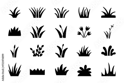 Collection of black grass tuft silhouettes set of different grass clump shapes for landscape design or nature illustration