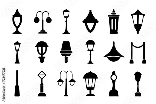 Diverse collection of street lamps, featuring various styles and designs for urban lighting and architectural aesthetics