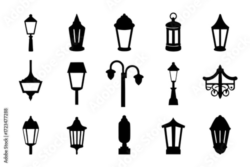 Set of fifteen diverse street lamp silhouettes, offering a range of designs for illuminating urban and suburban environments