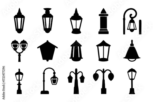 Collection of fifteen unique street light silhouettes, showcasing various designs for illuminating streets and pathways