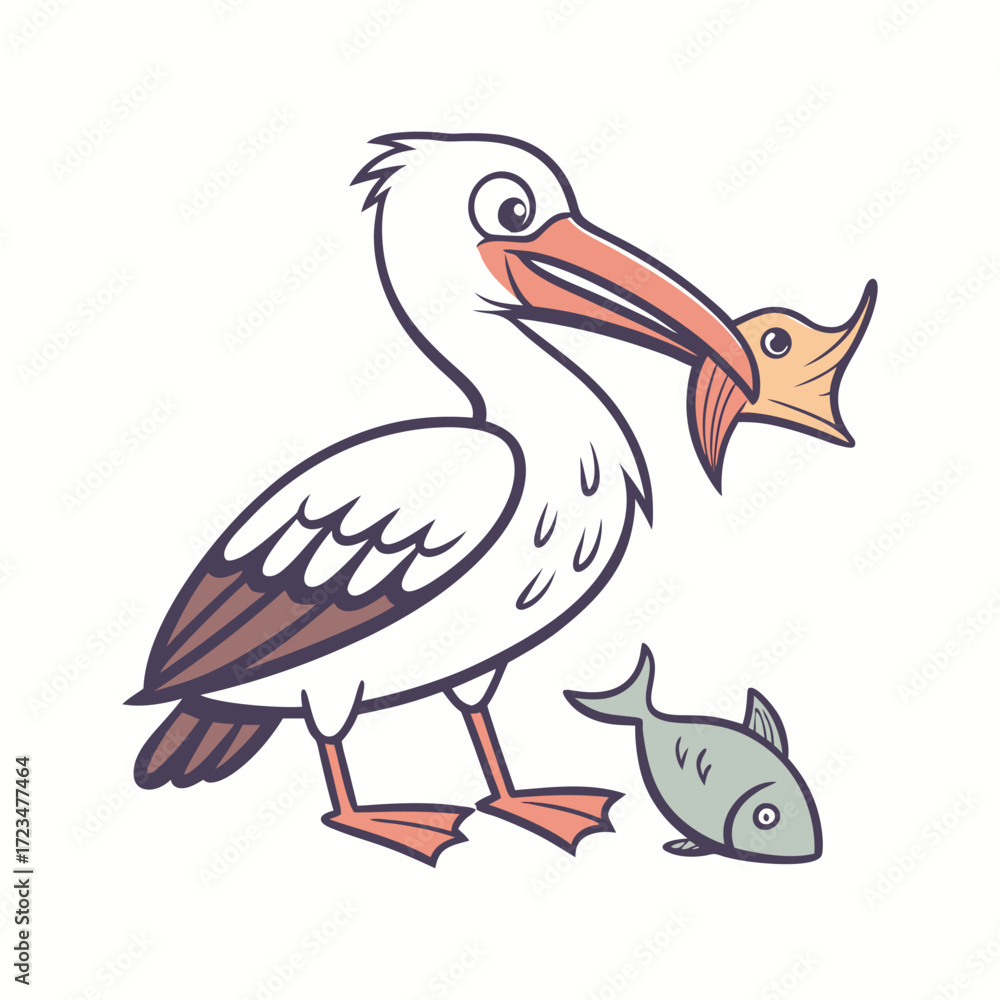 Naklejka premium Cartoon vector illustration of a pelican and stork, flying wild birds with feathers and beaks