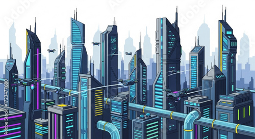 Futuristic city skyline with flying drones and modern architecture buildings digital art illustration design