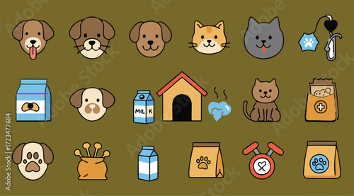 Cute Dog Breed Illustrations with Food, Toys, and Paw Prints