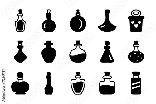 Collection of various potion bottle icons set of different shapes and sizes of glass containers for magic, alchemy, or medicine