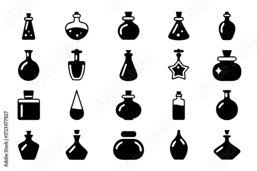 Collection of potion bottle icons set of different potion shapes for magic, alchemy, and witchcraft concept elixir and poison