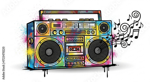 Colorful boombox illustration with musical notes, a vibrant retro stereo with paint splatters, perfect for music and art themes
