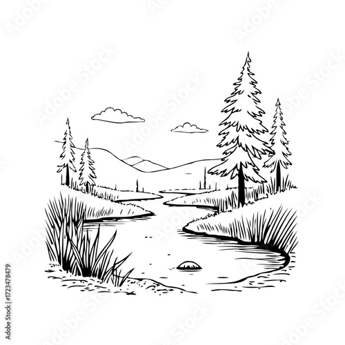 Elegant landscape drawing showcasing a serene river amidst a picturesque mountain setting and