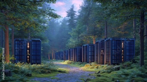 Modern Data Center Surrounded by Lush Forest Landscape at Dusk