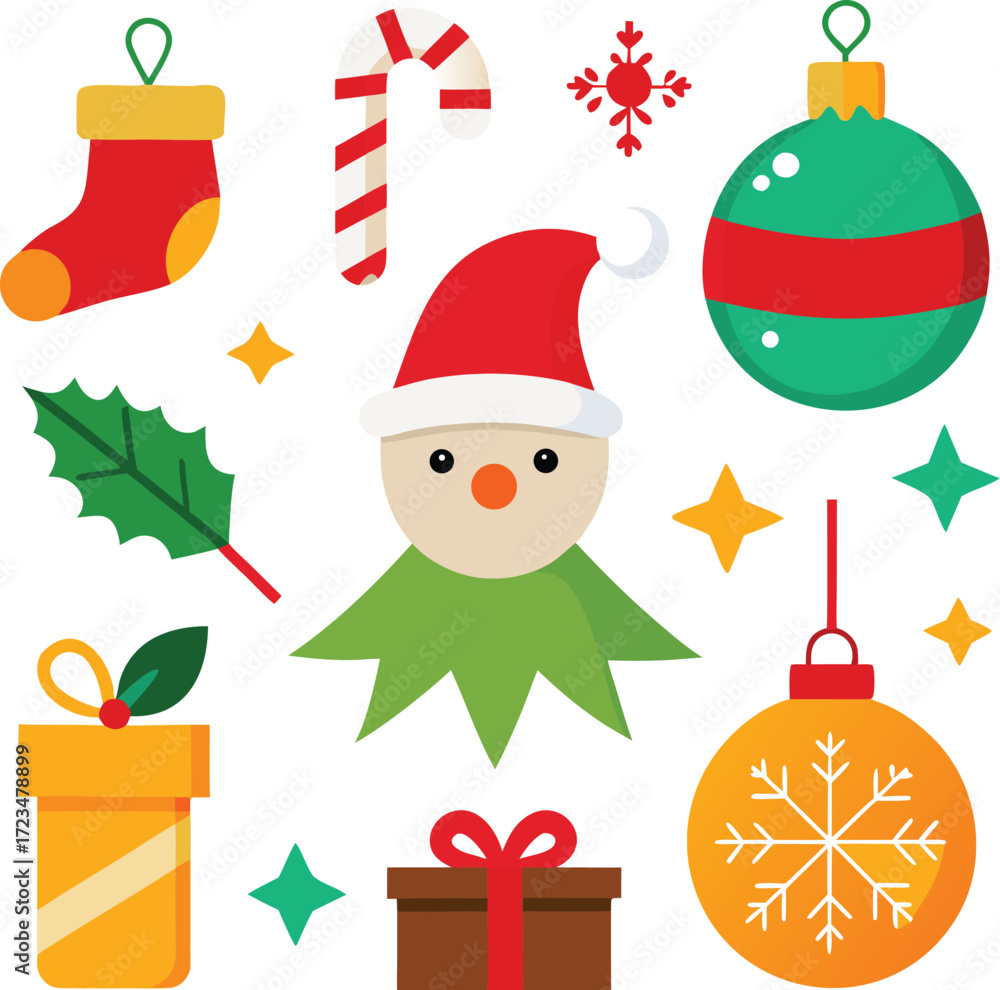 Fototapeta premium Vector art of a collection of festive christmas icons including a snowman, stocking, candy cane, gift box, holly leaf, and ornaments, all isolated on a