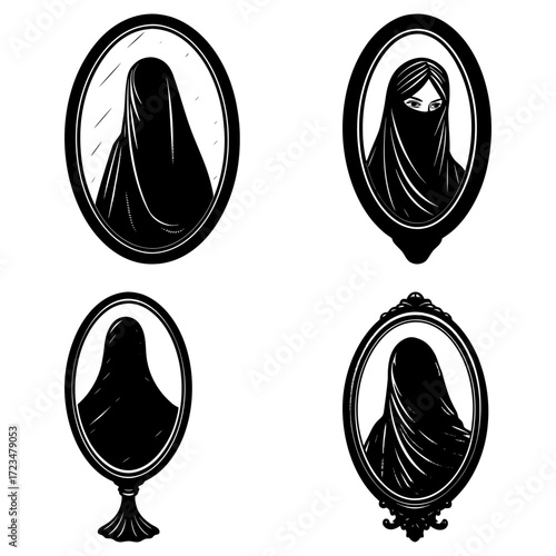 Four oval mirrors reflecting veiled figures in black and white vintage style illustration artwork design