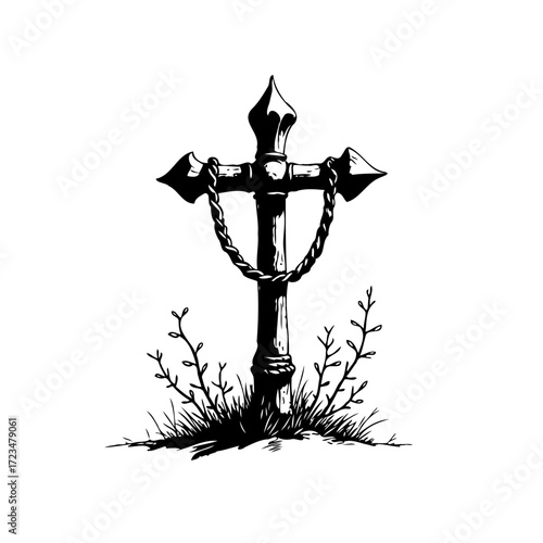 Emblematic artistic depiction of a weathered cross entwined with a chain amidst subtle grassy