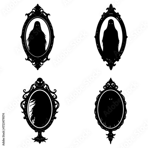 Four ornate mirrors reflecting shadowy figures and ghostly apparitions in a spooky composition