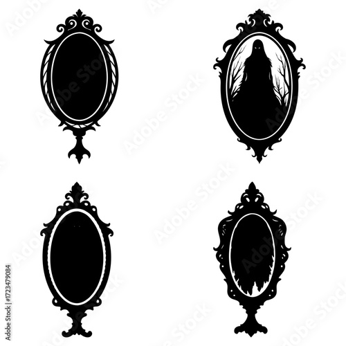 Four ornate mirrors in black silhouette, one with a ghostly figure, on a white background display art