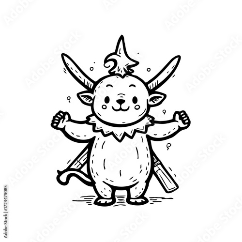 Enchanting cartoon character with horns and swords illustration evoking a sense of playfulness and