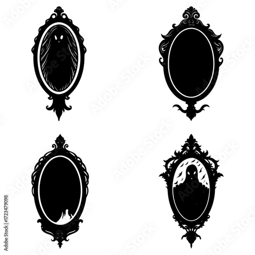 Four ornate mirrors with ghostly figures and empty reflections in a black and white illustration