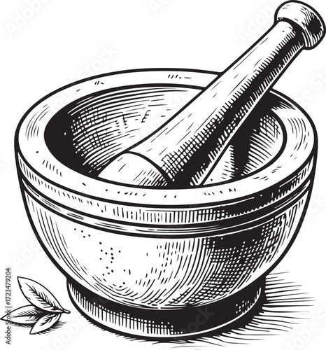 Pestle for Herbology Herbal Remedy and Spices Hand-drawn Vector Illustration, Sketch Drawing Doodle Line Linear Symbol Icon Engraving Coloring Book, Black and White Isolated