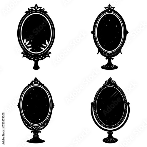 Four ornate oval mirrors with decorative stands and frames in a detailed black and white illustration