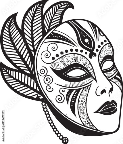 Venetian Carnival Mask Mardi Gras Hand-drawn Vector Illustration, Sketch Drawing Doodle Line Linear Symbol Icon Engraving Coloring Book, Black and White Isolated