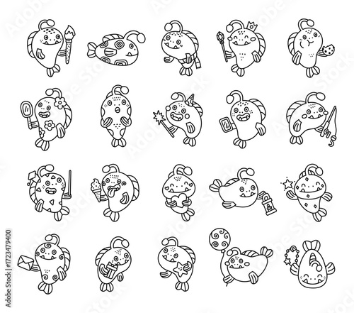 Anglerfish character set in outline line art showing different emotions and poses while holding objects like gift, balloon, cookies, lanterns, underwater in a marine atmosphere