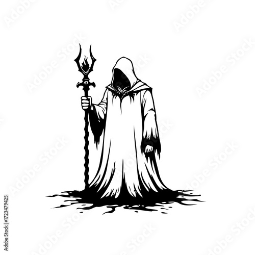 Enigmatic cloaked figure with a symbolic staff standing in shadows and mystery evoking folklore