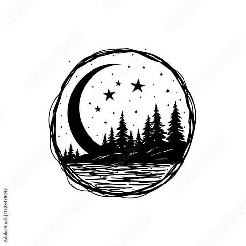 Enigmatic nocturnal forest scene features crescent moon stars and tranquil waters encapsulated in