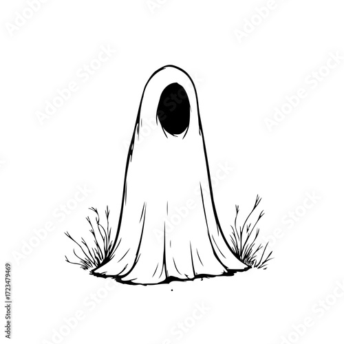 Ethereal apparition depicted in stark black and white sketch ghost stands amidst sparse grass